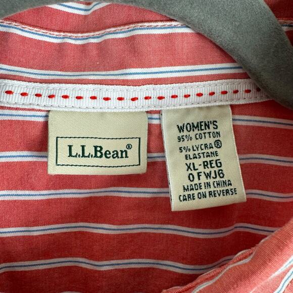 L.L. Bean Coral Blue White Cotton Collared Long Roll Tab Sleeve Button Down XL - Picture 5 of 6